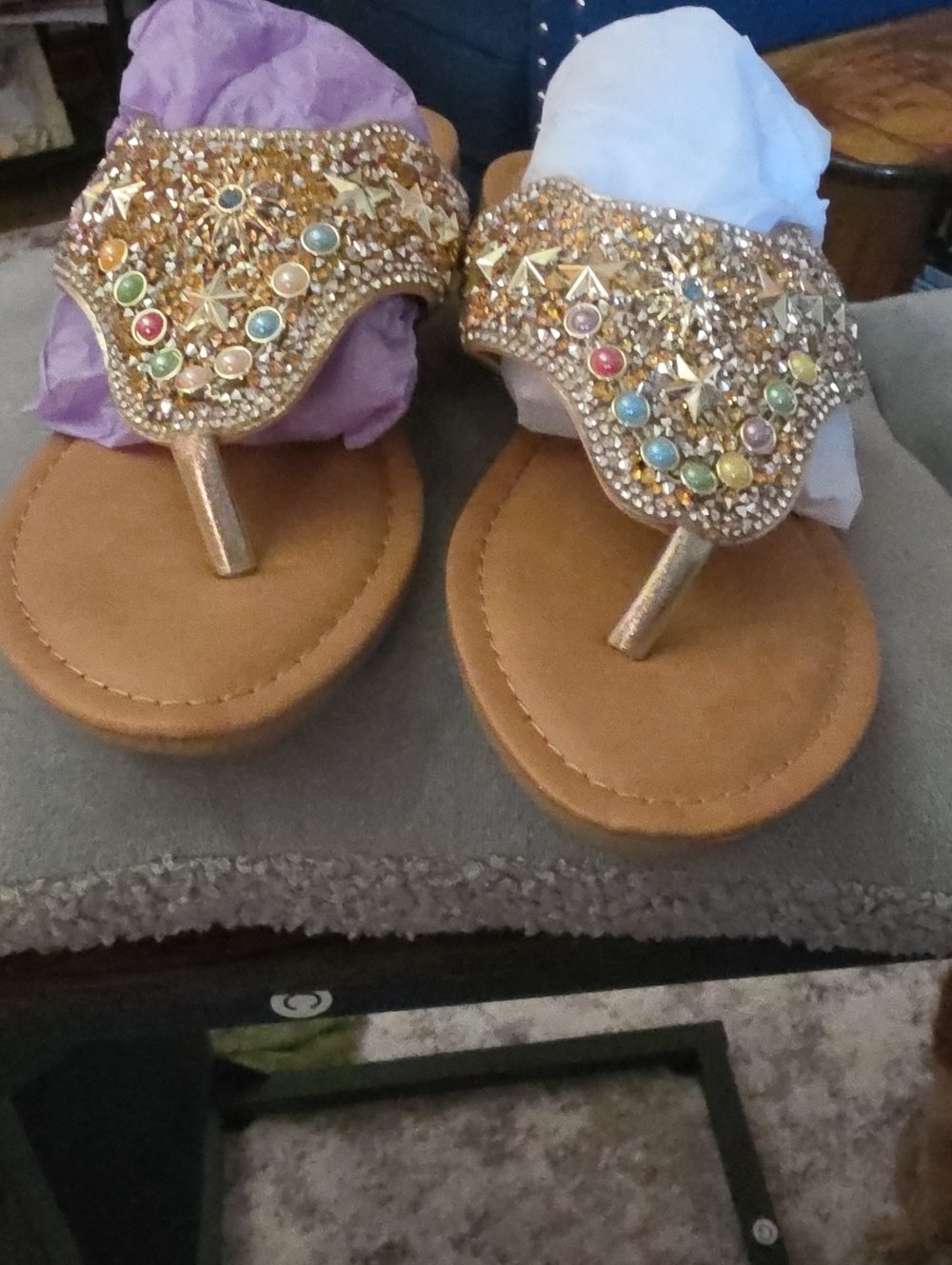 Simply Liliana Gold Beaded Multicolor Jewel Toe-Post Sandals